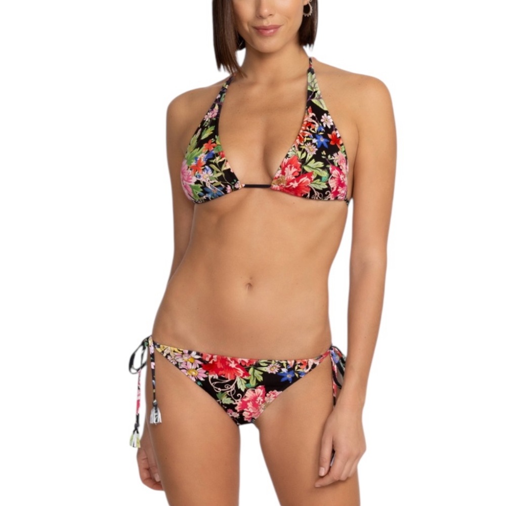 NEW Johnny Was Two Piece String Bikini Metalli Notte Black Pink Floral Size XL